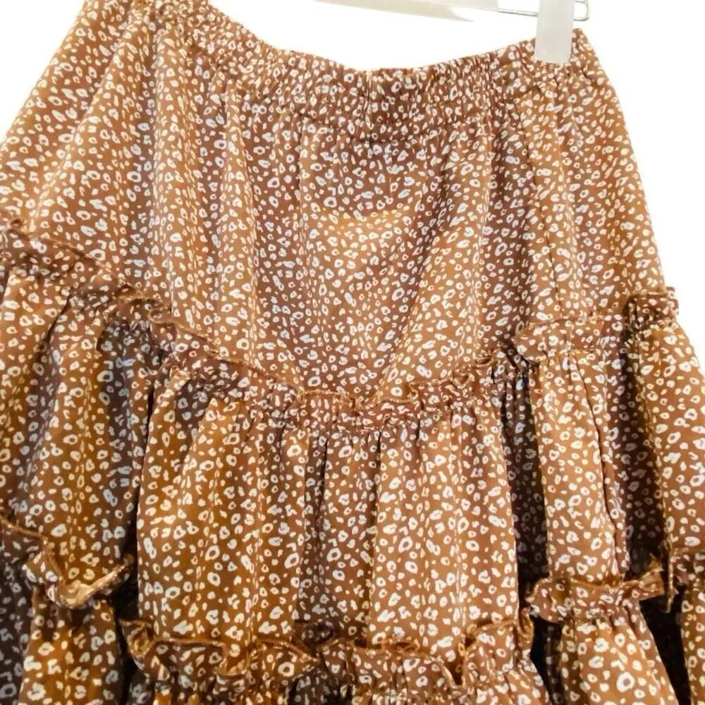 NWT Hyfve Elastic Waist Ruffle Tiered Pull-on Printed Mini Skirt Tan Medium